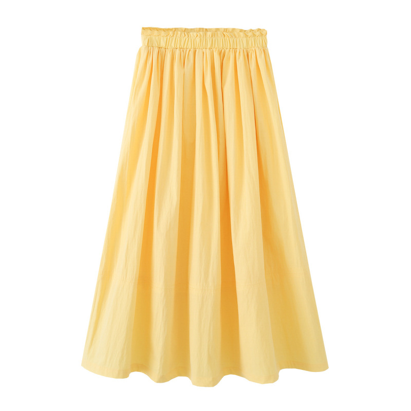 Pleated Ruffled Edge Goose Yellow Midi Skirt for Women, Early Spring 2026, High-Waisted Umbrella Skirt
