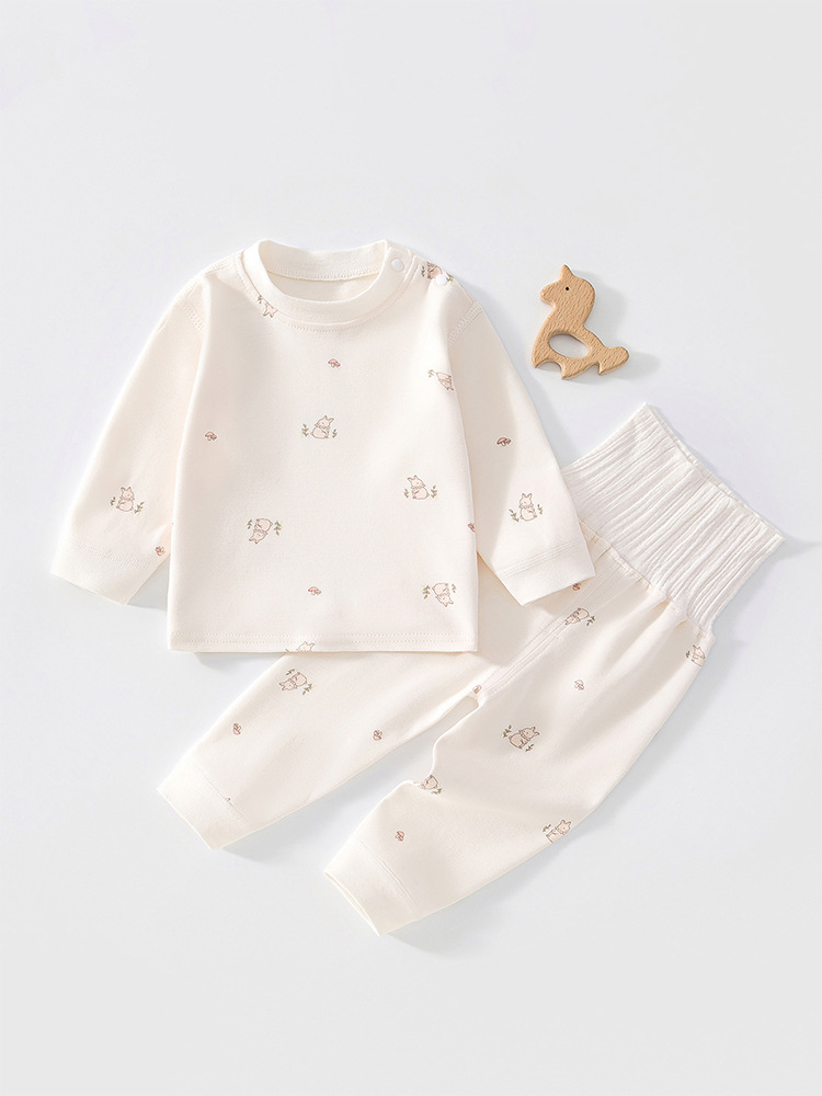 Class A baby-friendly autumn clothing set, made of 100% cotton, breathable and seamless, with a high-waisted design to protect the belly without constricting the waist, children's clothing