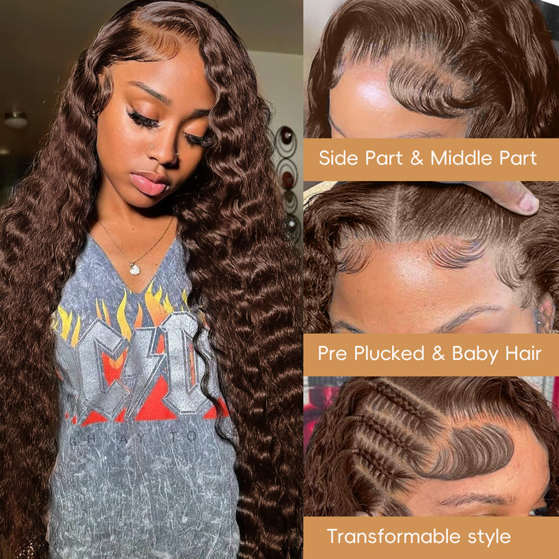 13X4 Deep Wave Lace Front Wig Density Chocolate Brown Curly Front Long Curly Wig