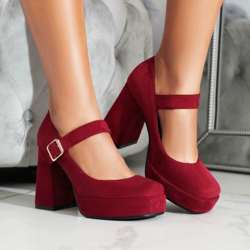 Замешанная обувь Mary Jen 2024 внешняя торговля весна-лето новый европейский и американский стиль с круглой головой на пуговицы на толстом каблуке Женская обувь на высоком каблуке