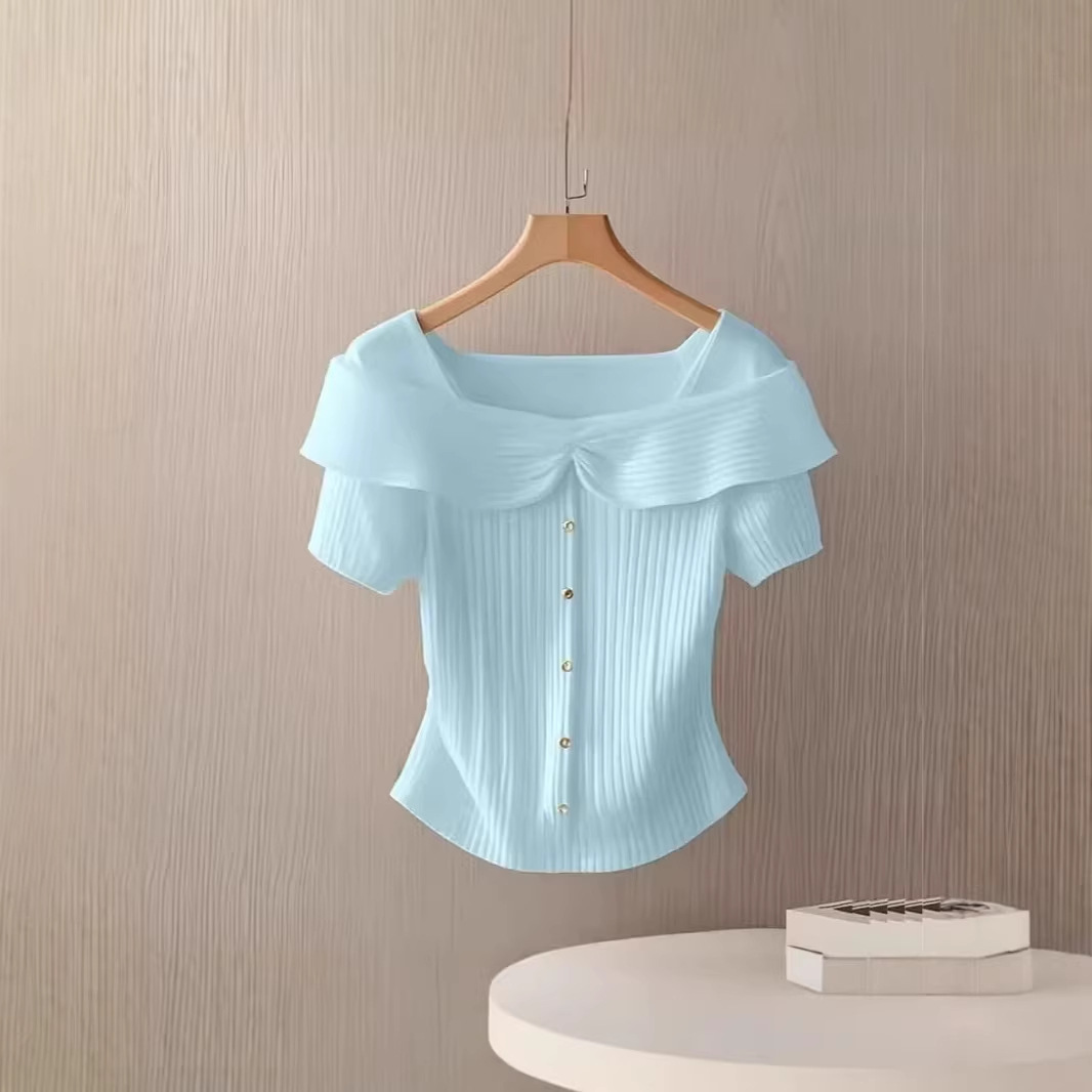 Áo len cổ vuông nữ dệt kim phong cách Pháp, form suông tay ngắn — màu xanh nhạt chi tiết 3