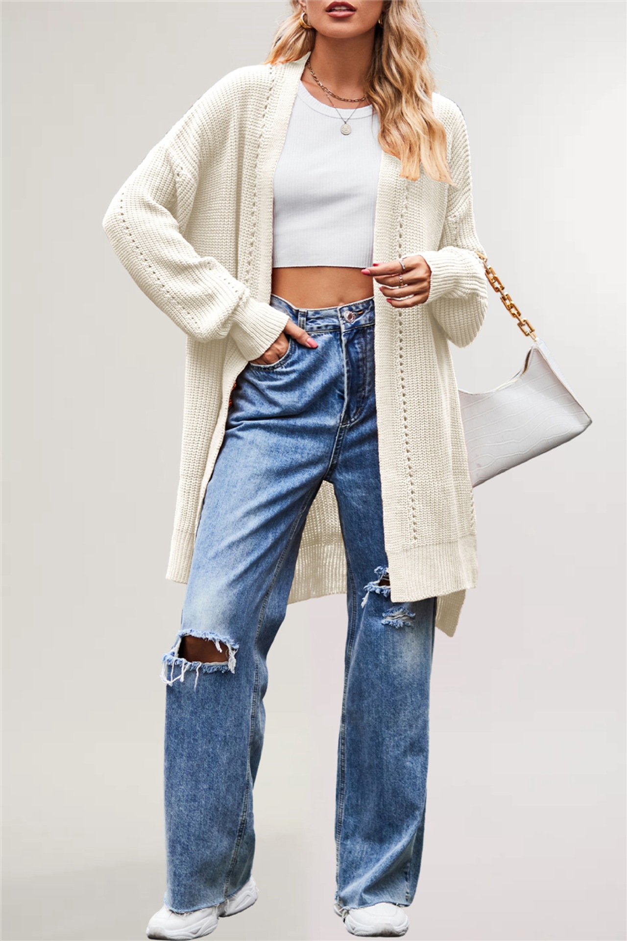 Suéter Nuevo de Otoño e Invierno 2025 para Mujer, Estilo Europeo y Americano, Color Sólido, Cárdigan Holgado de Punto con Bolsillos, Chaqueta
