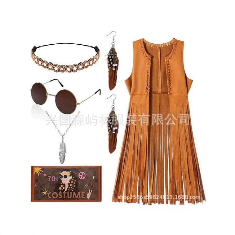 European and American new Halloween 70s disco hippie denim Halloween top women's fringed vest accessories European and American new Halloween 70s disco hippie denim Halloween top women's fringed vest accessories