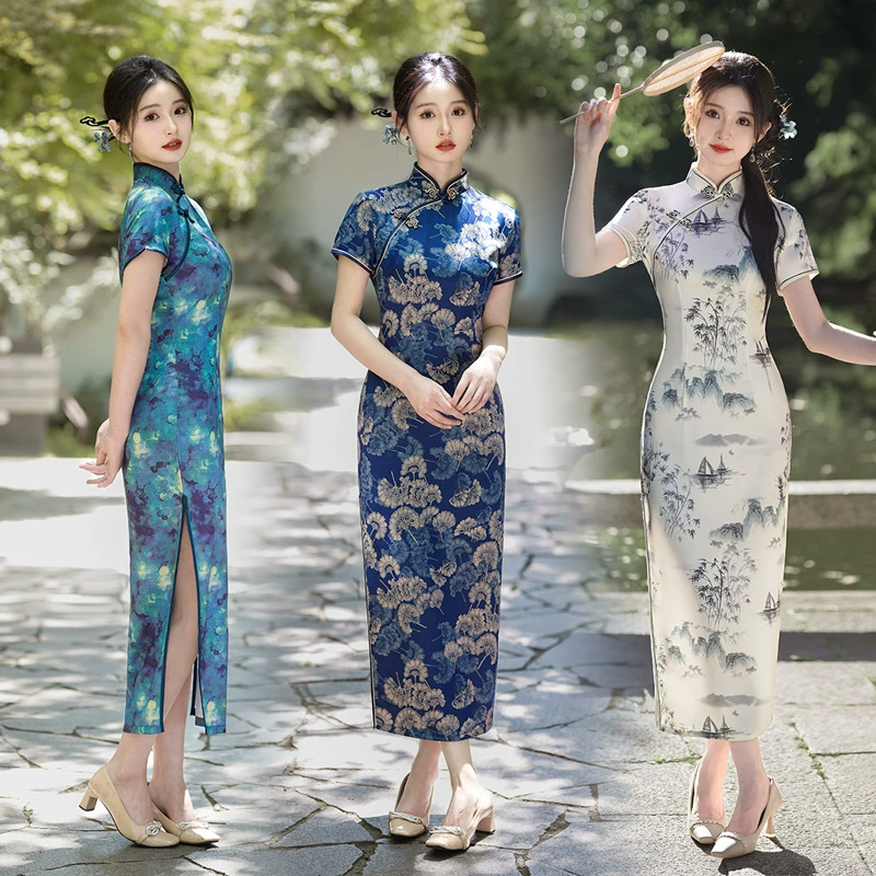 2024 новый китайский стиль весны и лета новый cheongsam длинная юбка темперамент атласное платье дешевая одежда для оптовой продажи