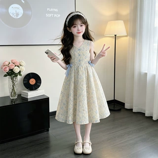 女童时髦洋气无袖连衣裙2026夏装新款大童甜美花朵背心裙女孩夏裙