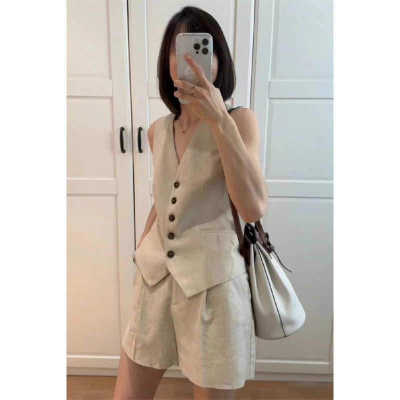Linen Vest Shorts Suit Women's Two-Piece Set 2025 Summer New Style Sleeveless Cotton and Linen Suit Vest Jacket