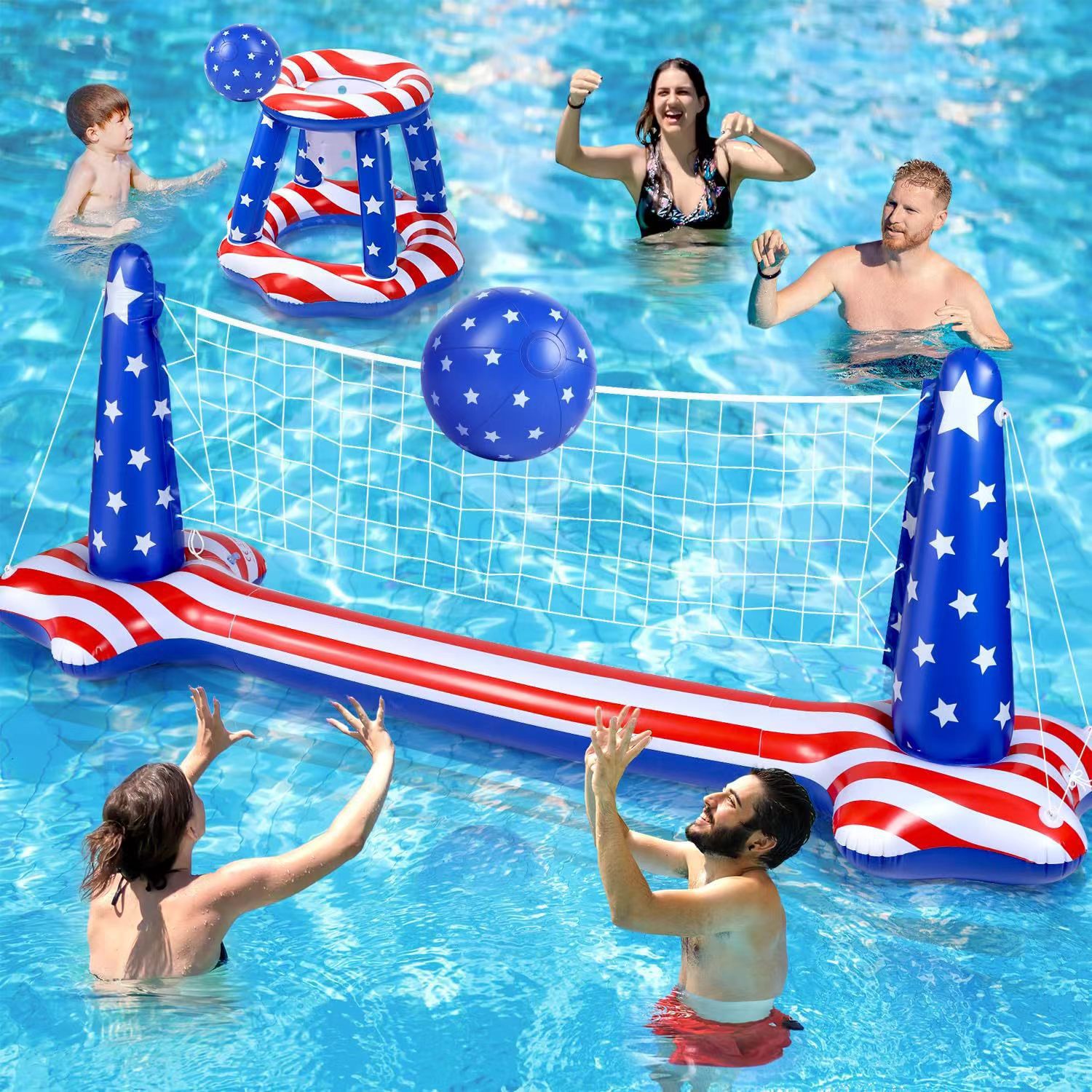 Nuevo estante de voleibol infláble de bandera americana transfronteriza, estante de baloncesto, piscina, fiesta, juguetes de entretenimiento, círculo de natación