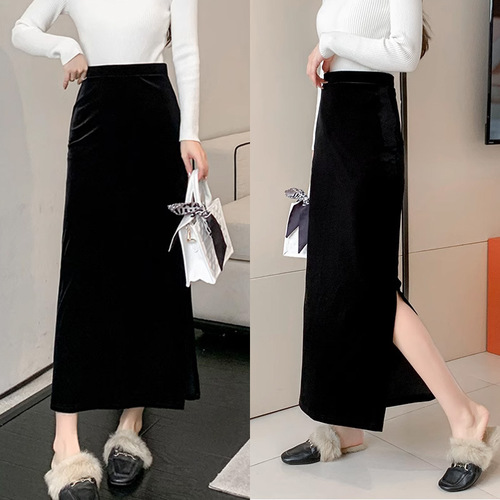 New Velvet Half-Body Skirt Spring and Autumn New Side Slit Skirt High-Waisted French Retro Slimming Bustle One-Step Skirt
