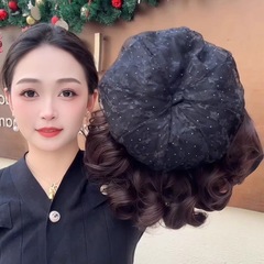 帽子假发一体秋冬新款蕾丝贝雷帽洋气卷发时尚百搭头套中老年妈妈