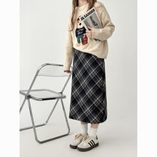 复古毛呢格子半身裙女秋冬高腰显瘦中长款a字裙百搭包臀裙