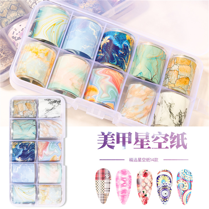 2021 nueva transferencia de Arte de uñas cielo estrellado papel mármol Flor Mariposa patrón de serpiente uñas pegatina de transferencia de cielo estrellado