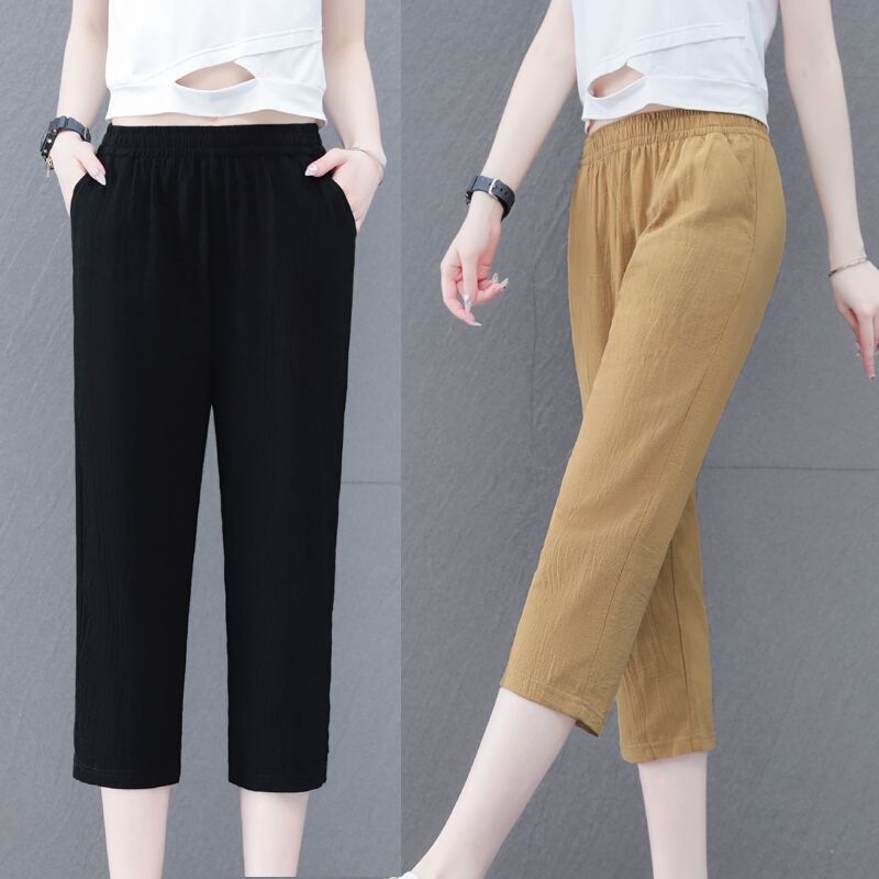 Single/Double Piece Pure Cotton Summer Thin Capri Pants Plus Size Women's High Waist Loose Slimming Harem Pants for Plus Size Women