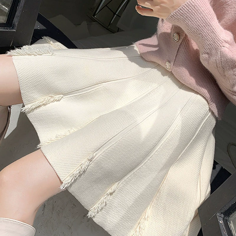 Трикотажная юбка женская осень-зима 2023 новая юбка А-силуэта с высокой талией Короткая юбка с кисточками юбка-петтиюбка для похудения юбка-зонтик