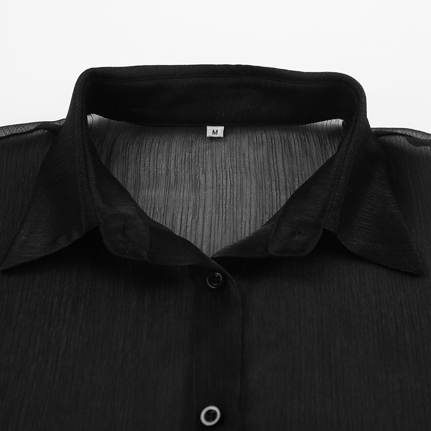 175g Weight Long Sleeve Sleeve Length Single Breasted Placket Type Bishop Sleeve Sleeve Type Polyester Fabric Type Regular Top Length Cardigan, Blouse Tops Type Daily, Party, Date Occasion Turndown Neckline Loose Fit Type Solid Color Pattern Summer Season Women's Gender Sexy Style Wholesale Women's Sexy Solid Color Long Sleeve Blouses 3