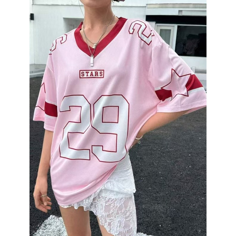 American High Street Casual Sports Baseball Collar Contrasting Short-Sleeved Long-Sleeved Shirt for Women Summer Loose Printed Half-Sleeved Top