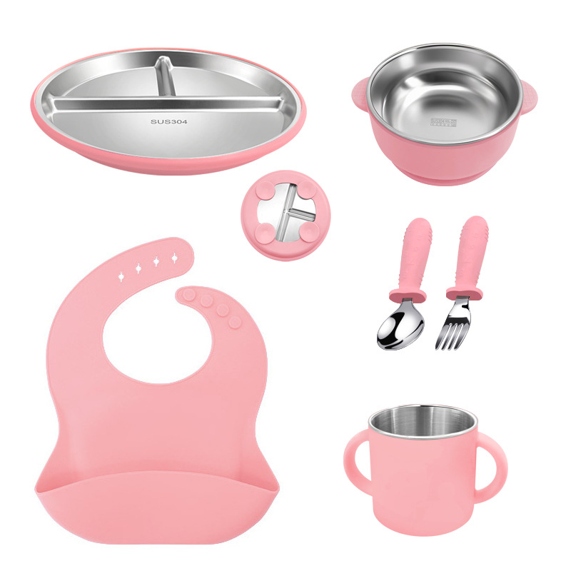 Placa de comedor de acero inoxidable para niños, taza de agua de silicona binaural, taza para beber para bebés de grado alimenticio