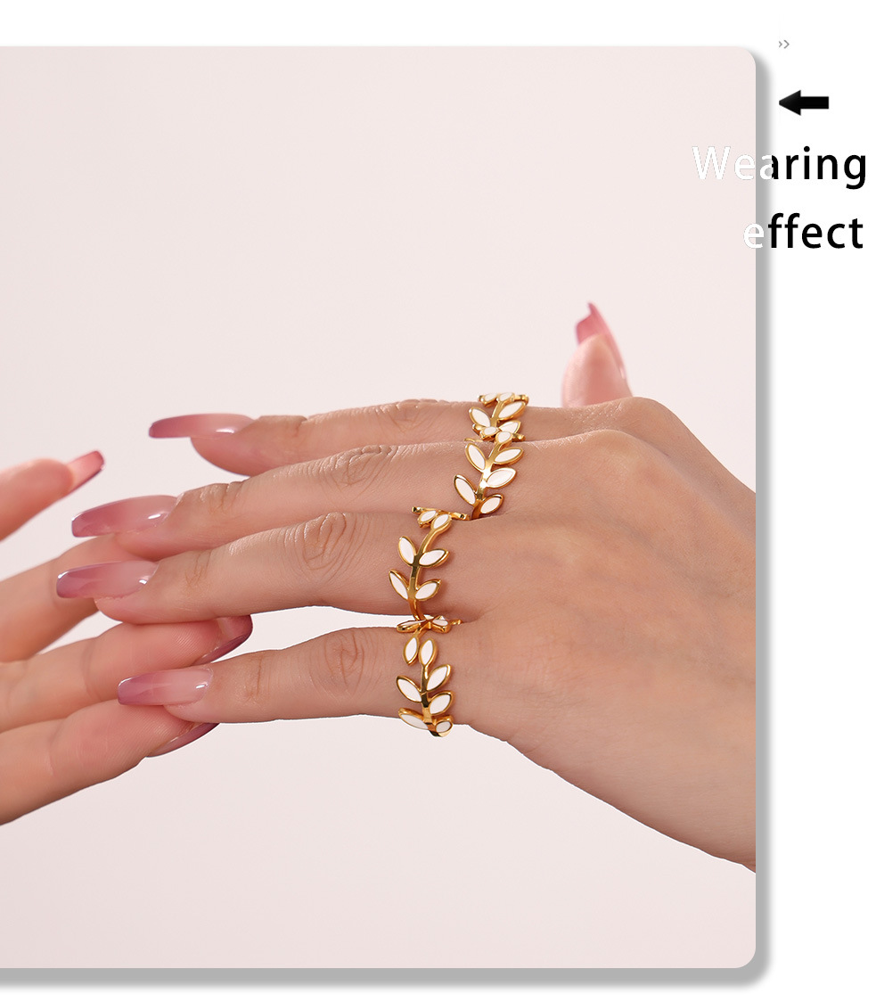 Bague carrée personnalisée en acier inoxydable PVD, motif goutte d'huile et feuille, finition sous vide, anneau ouvert._voghion.com