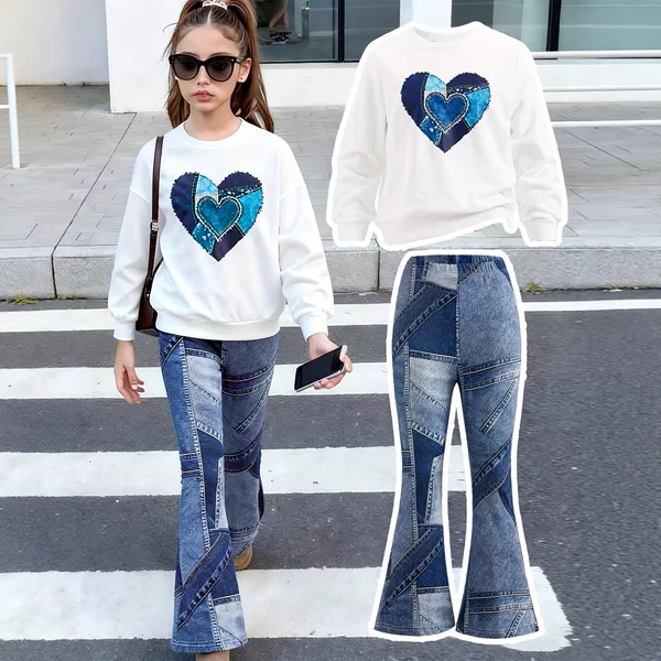 Spring and Autumn New Fashion Girls' Simple Pattern Print Round Neck Sweatshirt and Flared Pants Set