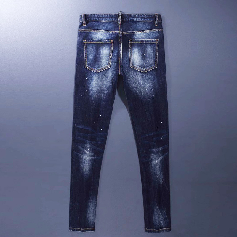 Men's Retro Blue Washed Jeans With Paint Splatter Effect Slim Fit Stretch Skinny Denim Pants Functional Design_viptrois.com