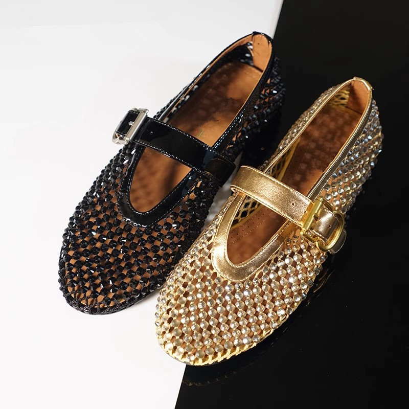 Rhinestone Mary Jane Hollow Mesh Height Increasing 4cm Ballet Shoes Fishnet Loafers for Women