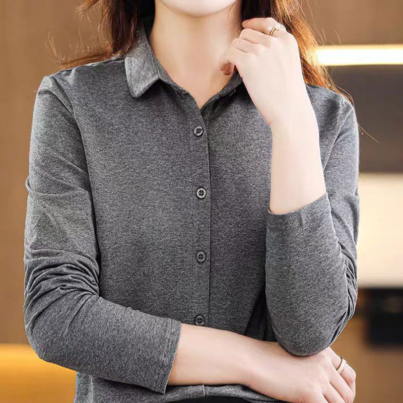 纯棉长袖衬衣2025春秋新款时尚宽松显瘦衬衫Polo翻领排扣上衣女装|undefined