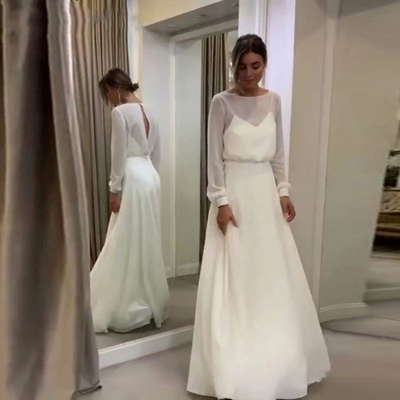 Comercio exterior europeo y americano Amazon AliExpress deseo elegante vestido de novia nueva gasa cuello redondo manga larga piso-longitud vestido