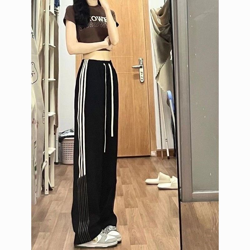 美式黑色百搭线条拼接阔腿裤显瘦高腰高街运动裤子拖地宽松直筒裤