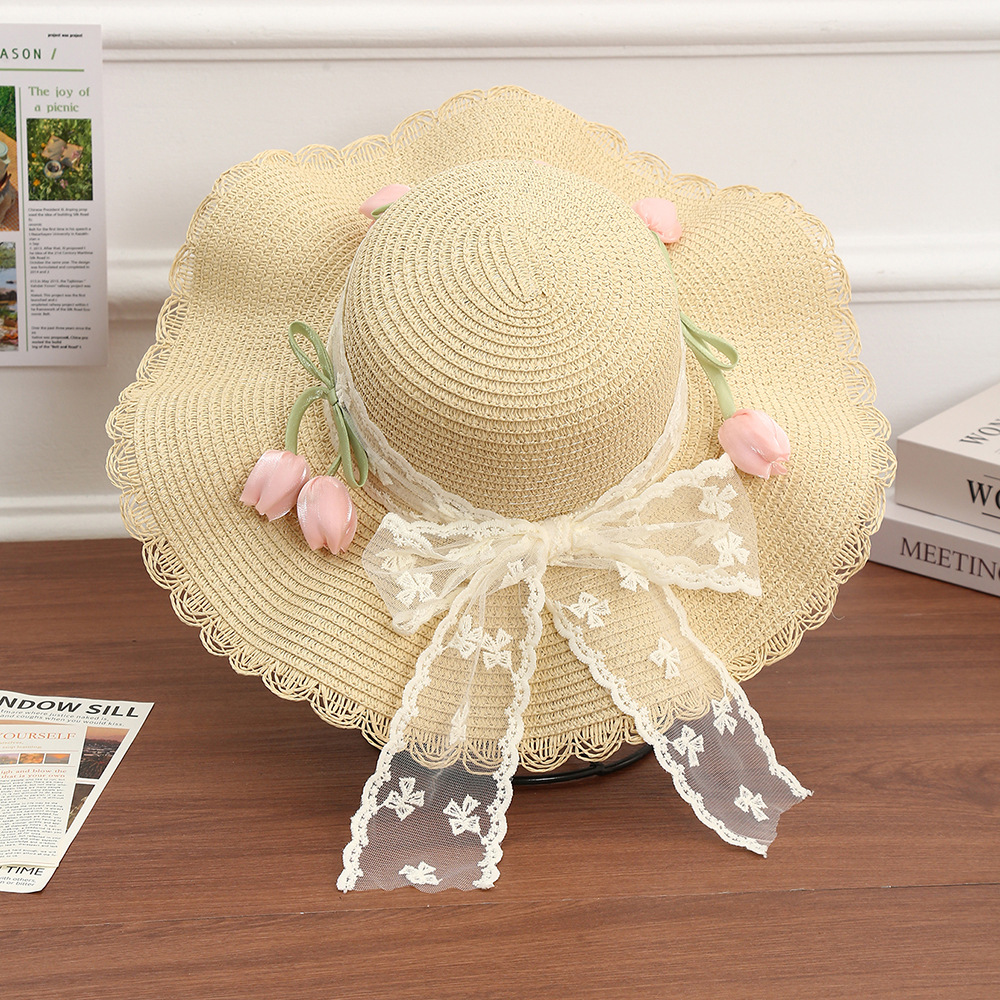 Sombrero de paja con lazo – estilo veraniego, ala ancha, para playa o vacaciones al aire libre