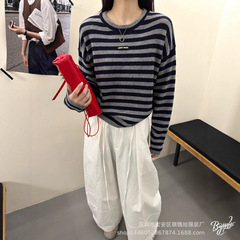 琪镌绘制韩系百搭慵懒温柔长袖上衣套头条纹圆领宽松针织衫女9011