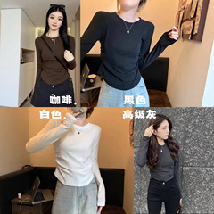 863双褶皱圆领长袖T恤女早秋宽松显瘦上衣内搭螺纹棉打底衫外穿