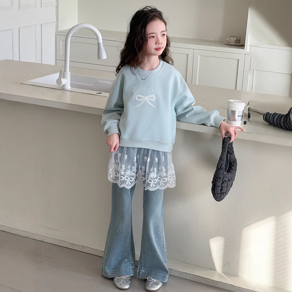 桔子虎女童蝴蝶结网纱卫衣2025春季新款烫钻喇叭裤套装中大童韩版