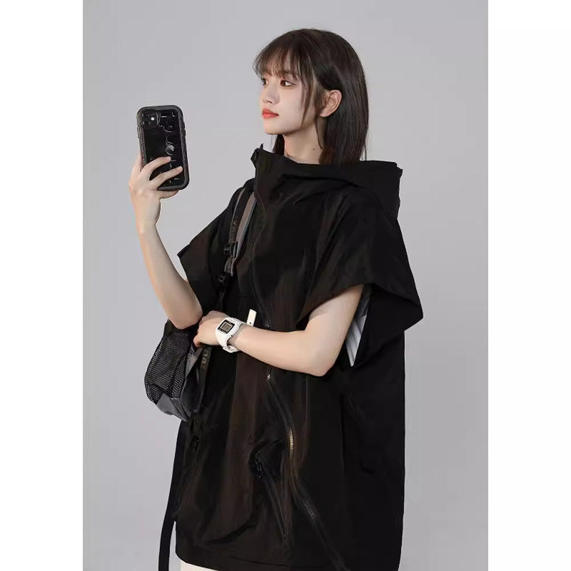 Dark Yohji Yamamoto Black Warrior Sleeveless Jacket Vest Women's Handsome High-Quality Ice Silk Hooded Vest