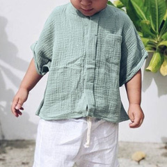 純棉雙層紗布襯衫男童夏裝休閒短袖上衣男女寶寶兒童襯衣服裝批發