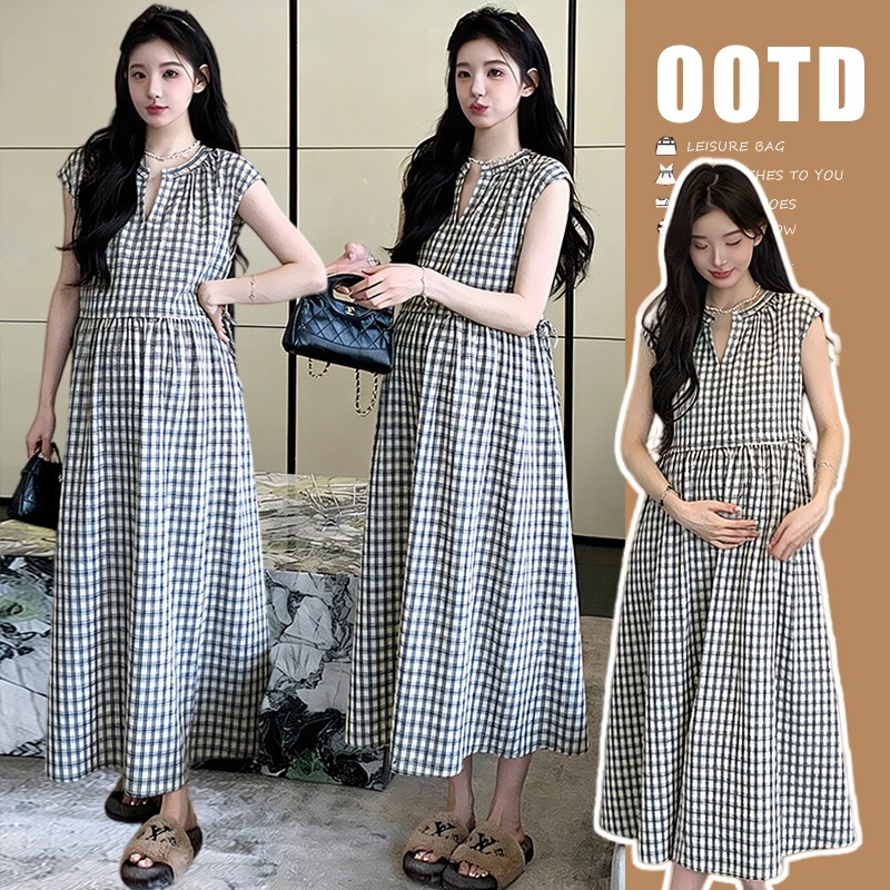 2026 New Summer Maternity Dress Casual V-Neck Tie-Waist Plaid Long Dress Loose Fit Pregnant Women's Dress