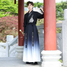 中国风秋冬新款大码男式汉服长袖黑色汉元素刺绣渐变帅气古风套装