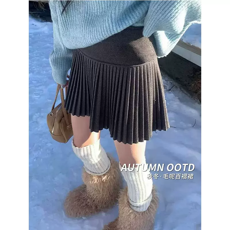 MIU系风深灰色百褶毛呢半身裙女秋冬2025新款小个子高腰a字琴短裙