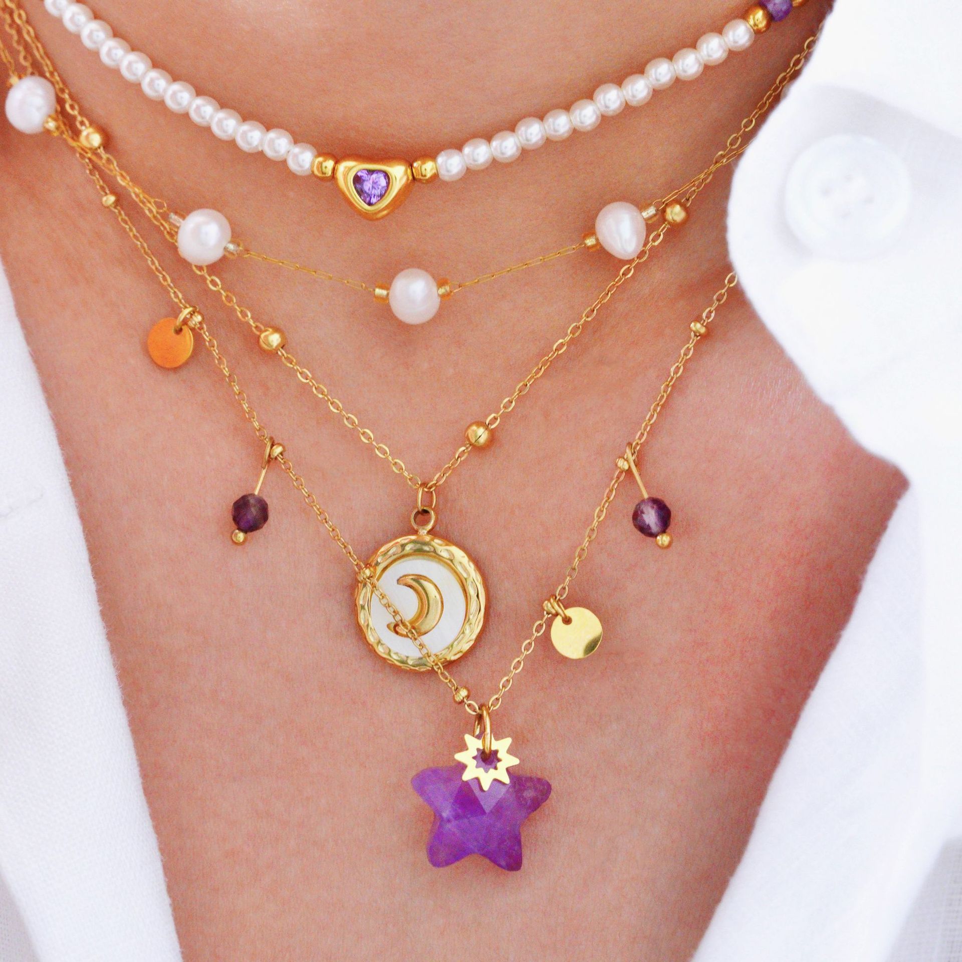 7g Weight Basic Simple Style Geometric Star Moon Natural Stone Titanium Steel Necklace In Bulk