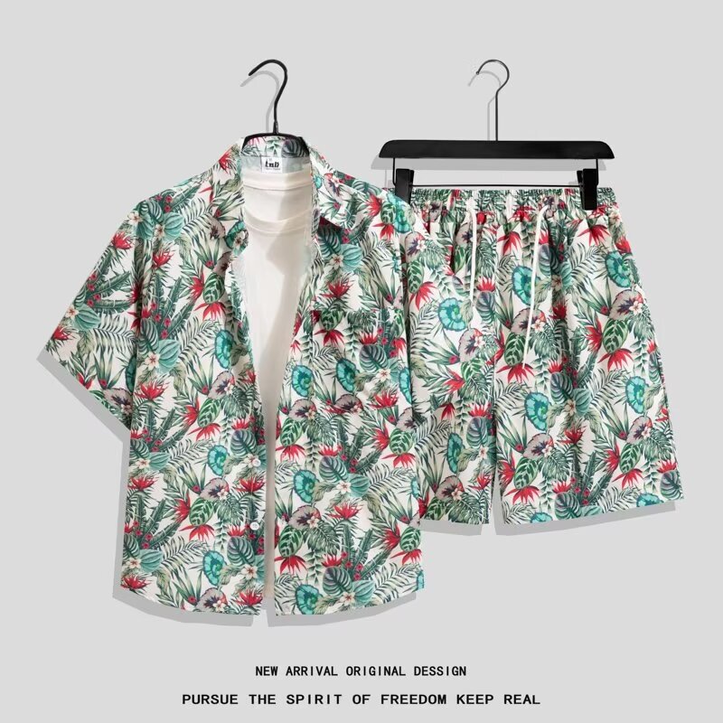 Hawaii Vacation Loose Beach Pants Seaside Men's Casual Trendy Short-Sleeved Shirt Beach Suit Summer Shorts