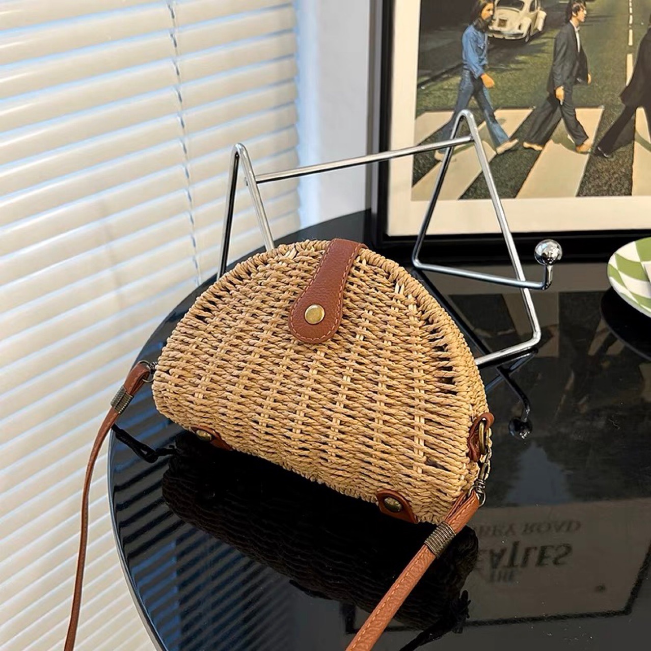 Paper string Material Solid Color Pattern Spring&Summer Season Women's Paper String Solid Color Vacation Streetwear Weave Semicircle Magnetic Buckle Straw Bag