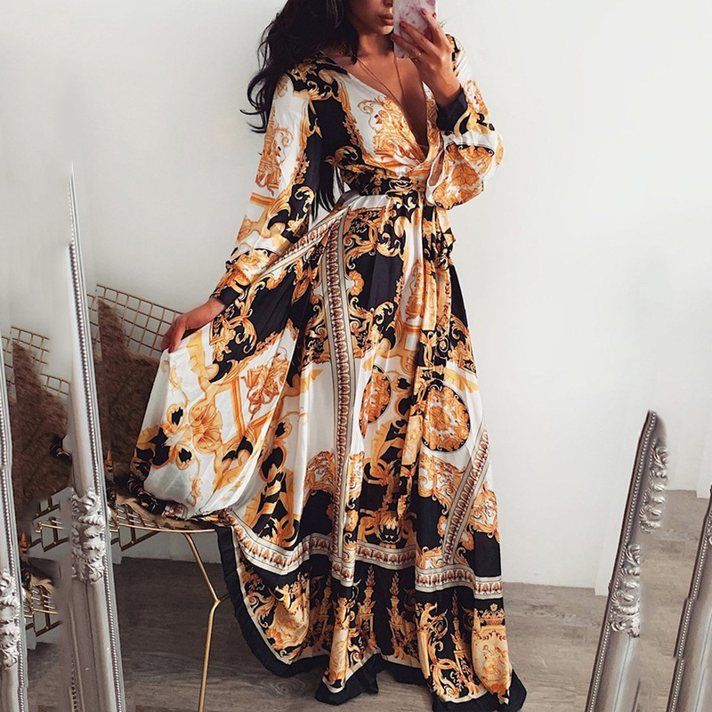 2025 Cross-border Cross-border Evening Dress European and American Printed dress V-neck Pullover Retro Long Sleeve Large Slot Split Dress
