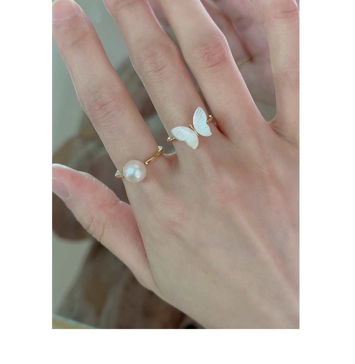 8g Weight Artificial Pearls, Shell, Zircon Inlay Material Artistic Flower Rhombus Butterfly Copper Enamel Inlay Artificial Pearls Shell Zircon Rings