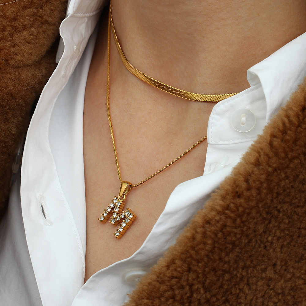Fashion 18K Gold Plated Double-Layer Chain Zircon Letter Stainless Steel Necklace_colorza_6