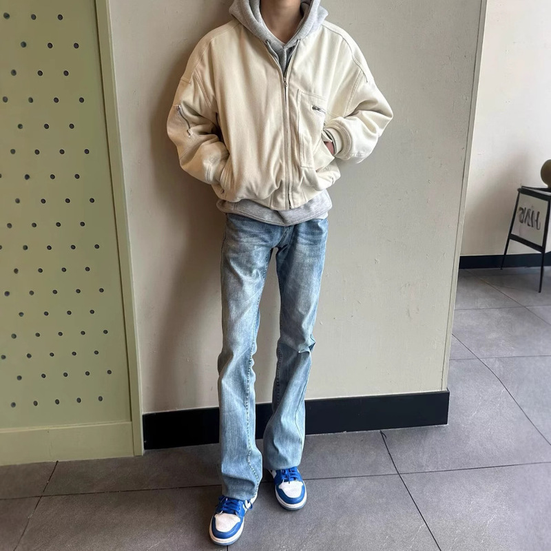 517 American Ice Blue Faded Lightning Pattern Retro Washed Jeans Cleanfit Distressed Micro-Flared Vintage51