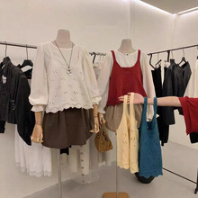 纯色镂空针织吊带背心女韩系秋冬新款无袖叠穿羊毛混纺针织背心