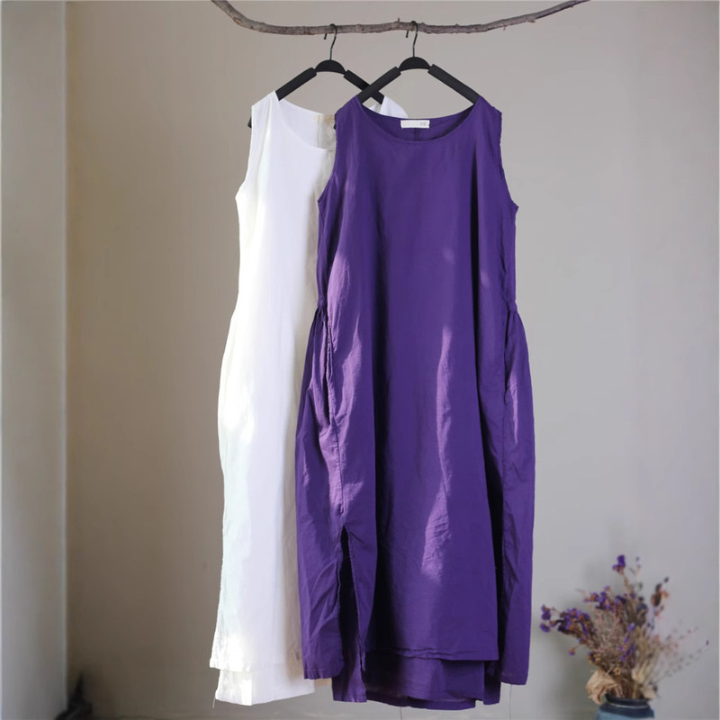 Summer Sleeveless Double-Layer Back Waist Pleated Drawstring Lace Loose dress Robe Women's Slim Look Fashionable Elegant