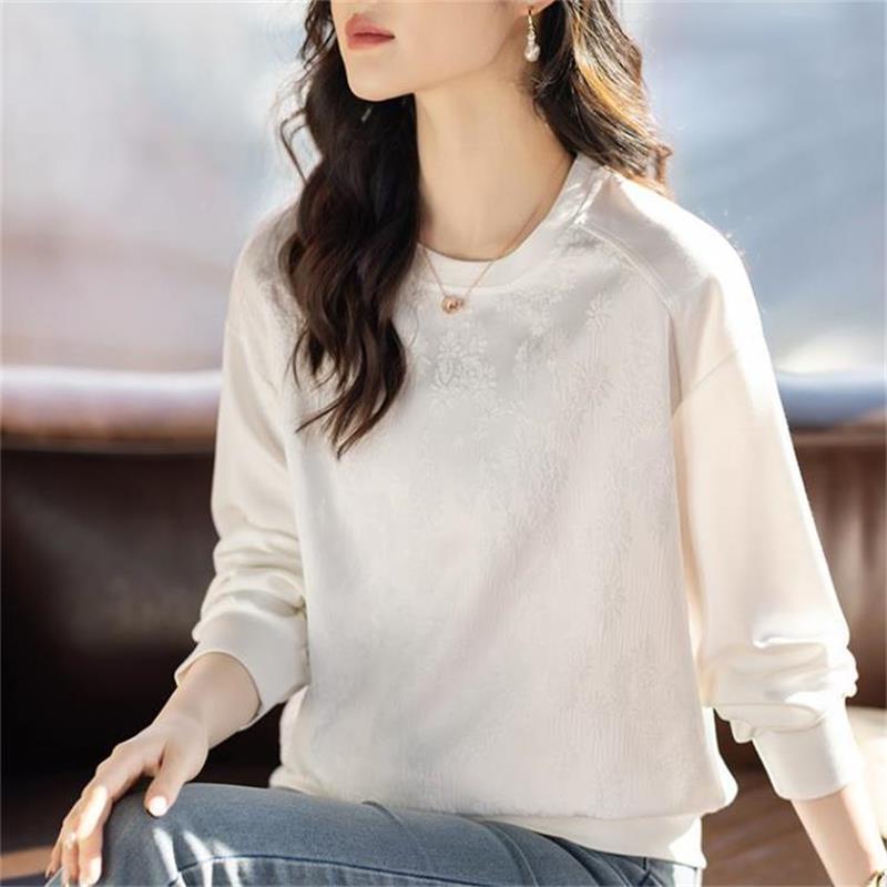 Satin Jacquard Round Neck Sweatshirt for Women, Autumn Loose and Lazy Long-Sleeved Pullover Top