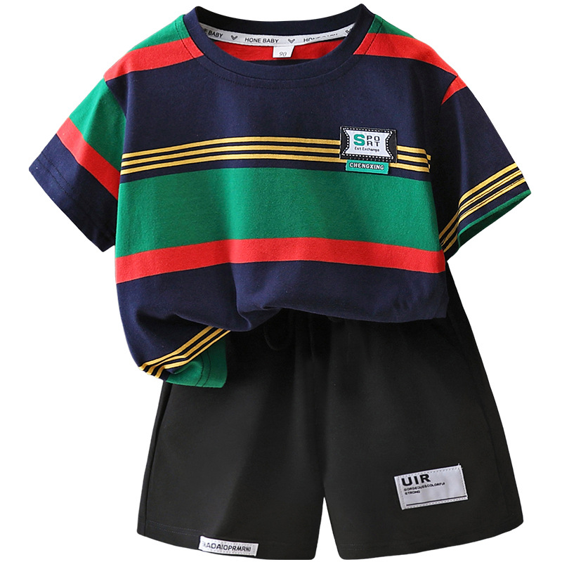 7888 Traje de verano para niños Camiseta de manga corta a rayas para niños guapos 2025 Nuevo estilo de verano para niños Verano de dos piezas