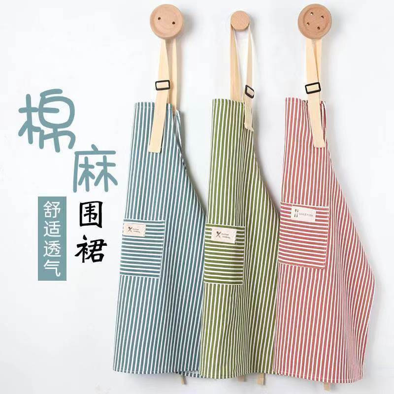 Manufacturer Wholesale Advertising Cotton and Linen Striped Apron Fashion Housework Breathable Restaurant Apron Home Kitchen Work Apron
