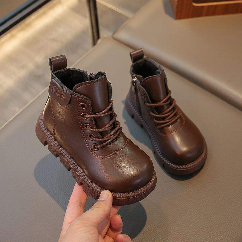 2026 Autumn and Winter New Velvet Boots Kidsren's Short Boots Baby Non-Slip Leather Boots Boys British Style Cotton Shoes