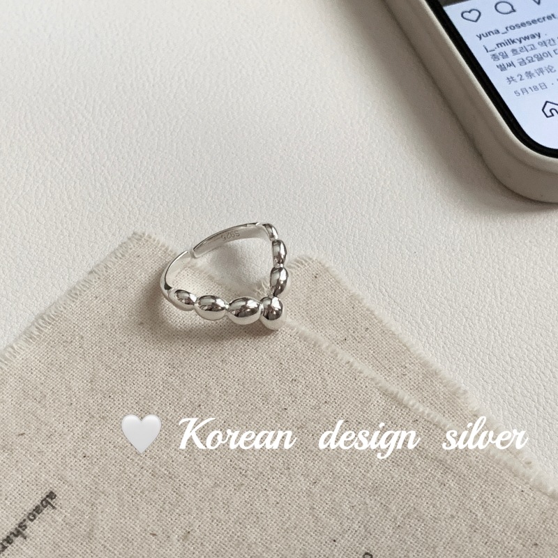 韓國ins風圓珠戒指 S925純銀開口可調節V形亮銀指環女 小眾設計
